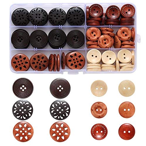 Assorted Round Wood Wooden Buttons Black Brown Beige 4 Hole Mixed Sewing Art DIY Craft Supplies Kits with Box 118pcs