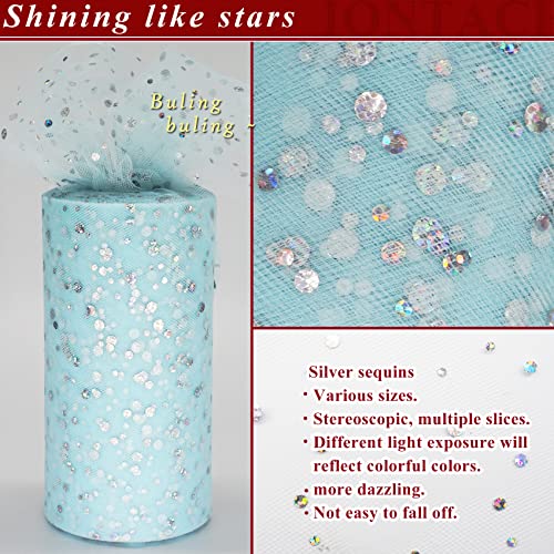 Glitter Tulle Rolls, Sequin Tulle Fabric 6 Inch by 50 Yards Sparkle Ribbon Spool with Bows for DIY Tutu Table Skirt Sewing Bow Wedding Decorations Baby Shower Craft Supplies (Light Blue)