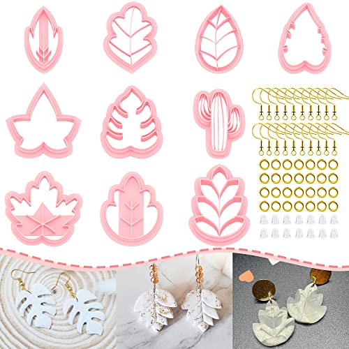 JARTIAN Leaf Shape Polymer Clay Cutters Set, 10 PCS Clay Earring Cutters for Polymer Clay Jewelry Making Supplies, Polymer Clay Tools with Earring Clip and Earring Hook