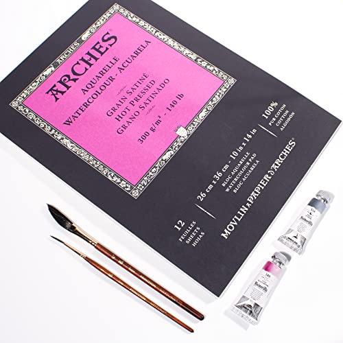 Arches Watercolor Pad 10x14-inch Natural White 100% Cotton Paper - 12 Sheet Arches Hot Press Watercolor Paper 140 lb Pad - Arches Art Paper for Watercolor Gouache Ink Acrylic and More
