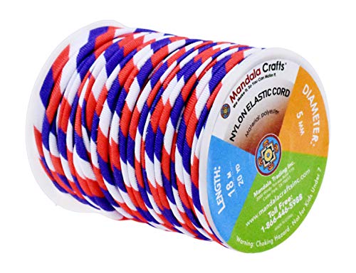 Mandala Crafts Soft Elastic Cord from Spandex Nylon Fabric for Jewelry Making, Sewing, and Crafting Red White and Blue