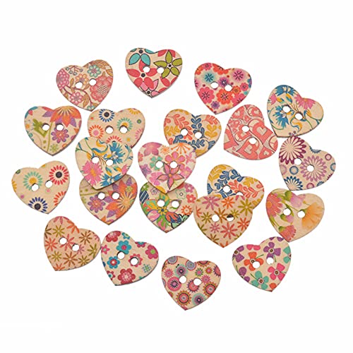 AKOAK 50 Pack 25MM 2-Hole Mixed Flower Pattern Printed Wooden Peach Heart Shaped Buttons Wood Sewing Buttons DIY Scrapbooking Clothe Buttons