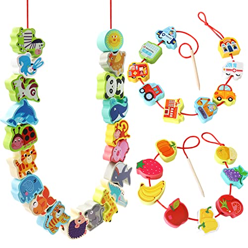 BMTOYS Wooden Lacing Beads Montessori Educationa Threading Learning Toys for 3+ Year Olds Preschool Activities Stringing Toys for Boys Girls