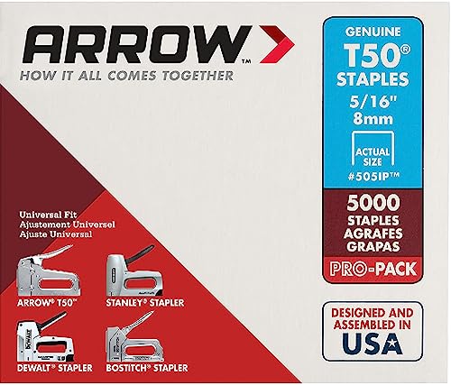 Arrow Fastener 505IP Heavy Duty T50 Staples for Upholstery, Construction, Furniture, Crafts, 5/16-Inch Leg Length, 3/8-Inch Crown Size, 5000-Pack