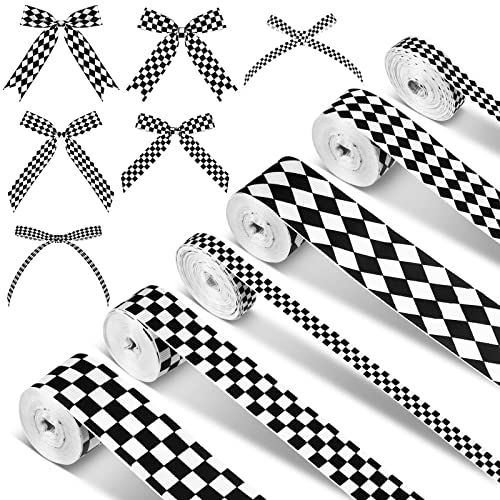 6 Rolls/30 Yard Black and White Grosgrain Checkered Ribbons Printed Buffalo Plaid Check Wrapping Ribbon for Christmas Tree Bow Crafts Racing Car Party DIY Wreath Decorations, 0.4, 0.87, 1.5 Inch Wide