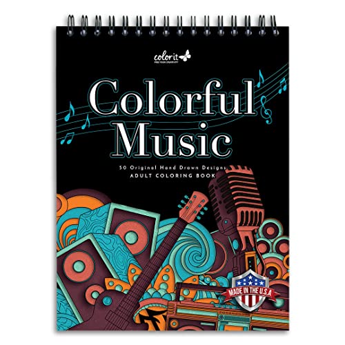 ColorIt Colorful Music Spiral Bound Adult Coloring Book, 50 Original Designs with Perforated Pages, Lay Flat Hardback Book Cover, Ink Blotter Paper | For Arts and Crafts, Coloring Books for Adults