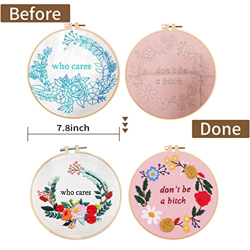 Nuberlic 2 Sets Funny Embroidery Kit for Beginners Adults, Embroidery Starter Kit with Stamped Floral Pattern, Simple Cross Stitch Kits Include Embroidery Needlepoint Cloth Hoops Needles Threads