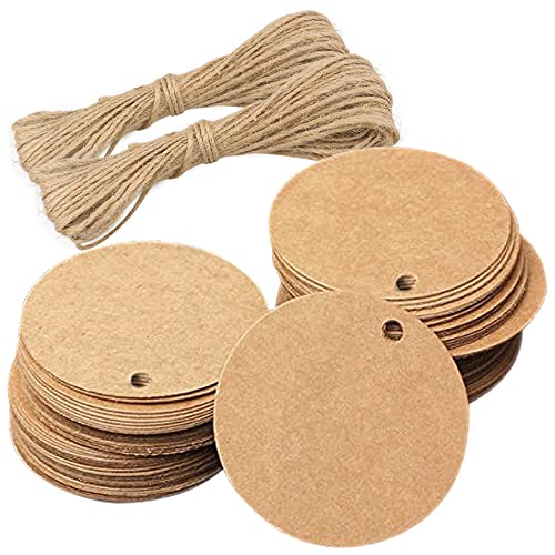 100PCS Kraft Paper Gift Tag with 66 Feet Jute Twine Round Shaped 5.5 cm Blank Hang Tags for Craft Projects, Xmas Gifts (Brown)