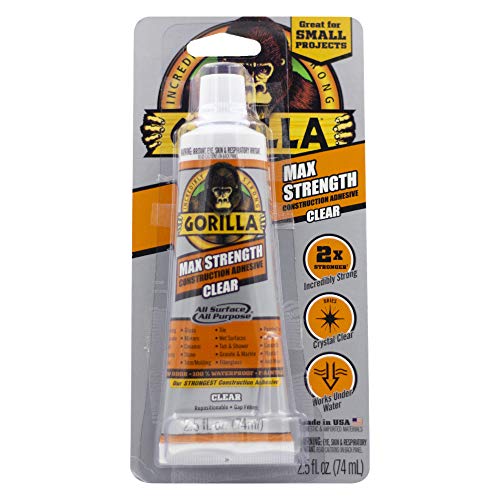 Gorilla Max Strength Clear Construction Adhesive, 2.5 Ounce Squeeze Tube, Clear, (Pack of 2)