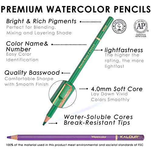 KALOUR Professional Watercolor Pencils, Set of 72 Colors,Numbered and Lightfastness,Water-soluble Colored Pencils for Adult Coloring Book,Water Color Pencils for Artists Beginner Kids