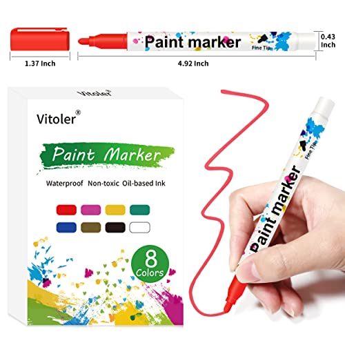 Vitoler Paint Marker Pens - 8 Colors Oil Based Permanent Paint Markers, Medium Tip, Quick Dry and Waterproof Assorted Color Paint Markers for Metal,Wood,Fabric,Plastic,Rock,Stone,Mugs,Canvas,Glass