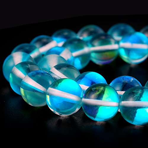 RUBYCA Round Moonstone Crystal Glass Beads Aura Iridescent for Jewelry Making (1 Strand, 12mm, Blue)