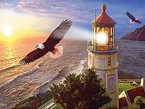 SKRYUIE 5D Full Drill Diamond Painting The Lighthouse Eagle by Number Kits, Paint with Diamonds Arts Embroidery DIY Craft Set Arts Decorations (12x16 inch)
