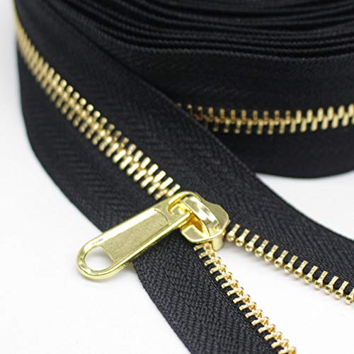 YaHoGa #5 Metal Zippers by The Yard Bulk 4 Yards + 10 pcs Sliders for Bags DIY Sewing Tailor Crafts, Without Stops (Gold Teeth)
