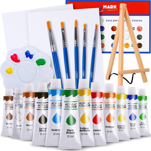 J MARK Paint Kit, 22 Piece Set Acrylic Canvas Painting Kit with Wood Easel, 8x10 inch Canvases, 12 Non Toxic Washable Paints, 5 Brushes, Palette and Color Mixing Guide