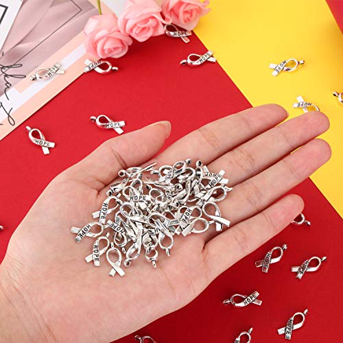 100 Pieces Breast Cancer Awareness Charms Hope Ribbon Pendant Silver Ribbon Pendants Jewelry Making Accessories for Necklace Bracelet DIY Crafts