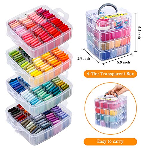 INSCRAFT 403 Pack Embroidery Floss Set, 250 Colors Cross Stitch Friendship Bracelet Thread with 153 Pcs Cross Stitch Tool, 4-Tier Transparent Box for Storage