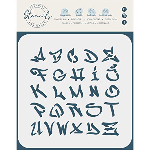 1" Graffiti Letters Stencil, 6.5 x 6.5 inch (M) - Street Graffiti Font Uppercase Street Vandle Style Alphabet Letters Script Stencils for Painting Template
