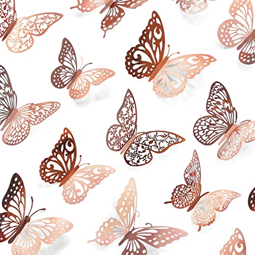 72 Pcs Rose Gold Butterfly Wall Decor, Butterfly Decorations, 3 Sizes 6 Styles, 3D Butterfly Party Decorations/Birthday Decorations/Cake Decorations, mariposas decorativas para Fiesta Room Decor