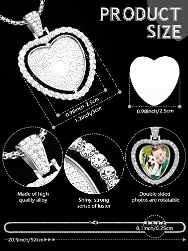 Junkin 24 Pcs Sublimation Rhinestone Trays Pendant Set, Including 6 Heart Shape Double Sided Blank Rhinestone Bezel Trays, 6 Pcs Thick Chains with 12 Sublimation Discs for Making (Silver)