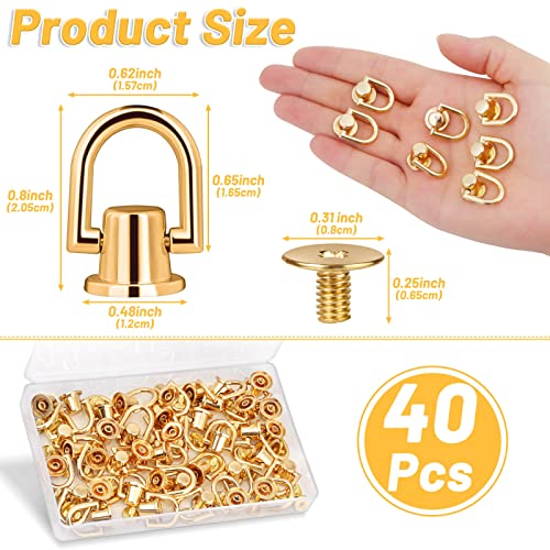 40 Pieces D Rings Rivets for Leather Purse, Gold Ball Studs Rivets with D Ring for Leather Crossbody Purse Craft, Bag Hardware