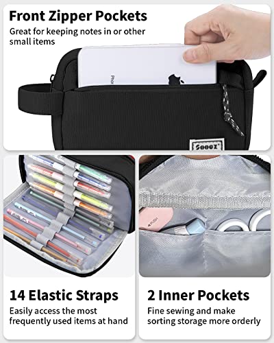 Sooez Big Capacity Pencil Pen Case, [Material Upgraded] Canvas Pencil Pouch Large Pencil Bag Organizer, Separate Compartments Easy Grip Handle, Aesthetic Supply for School Teens Adults, Black