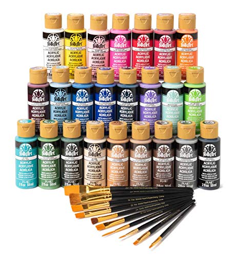 FolkArt 99445 24 Bottle Acrylic Craft Paint Set with 10 Pack of Brushes, 2oz, Colors May Vary