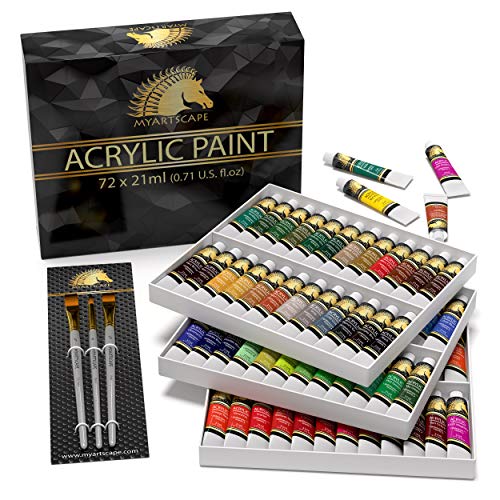 MyArtscape Acrylic Paint Set - 72 x 21ml Tubes with 3 Paint Brushes - for Painting on Canvas, Wood, Clay, Resin, Glass & Crafts - Artist Quality Paint - Heavy Body Colors - Professional Art Supplies