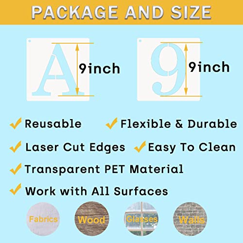 ASMPIO 9 Inch Letter Stencils Numbers Craft Stencils, 40 Pcs Reusable Plastic Alphabet Drawing Templates for Painting on Wood, Wall, Fabric, Rock, Chalkboard, Signage, Door Porch, DIY Art Projects