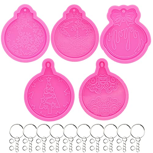 Epoxy Resin Molds 65Pcs Christmas Round Ornament Mold Kit, 5Pcs Silicone Molds for Resin Epoxy Casting Molds with Hole, Key Rings with Chain, Jump Ring for DIY Christmas Tree Ornament Keychain Pendant