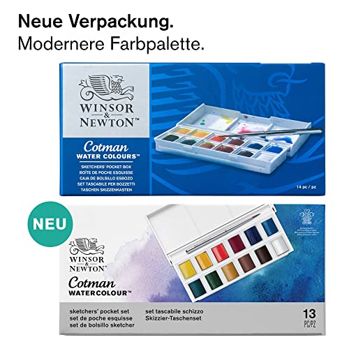 Winsor & Newton Cotman Water Colour Paint Sketchers' Pocket Box, Half Pans, 13 count (12 colors and a brush)