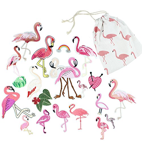 Pink Flamingo Applique Patches Sew on / Iron on Patches for Jeans, Clothes, Jackets, Dress, Hats - 18 pcs Assorted DIY Embroidery Patches Stickers Kit for Decoration - with Flamingo Storage Bag