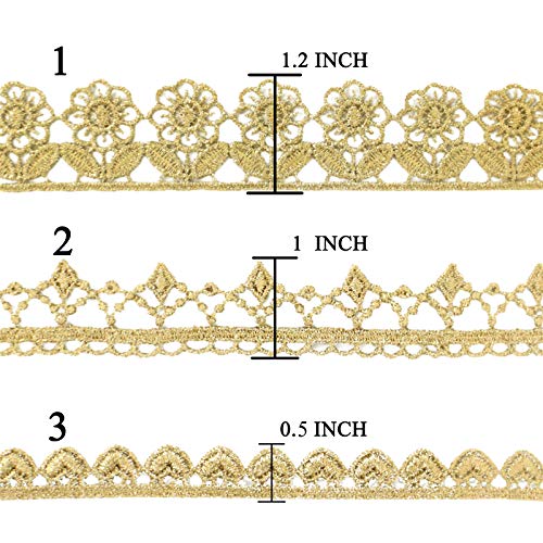 Gold Lace Ribbon Trim, Embroidery Lace Trim Ribbon, Metallic Lace Fabric for Sewing, Crafts, Cake, Dress (1 Inch × 4.8 Yards)