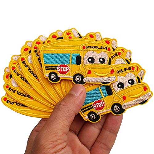 2.9“x1.6” 12pcs Back to School Bus Yellow Iron On Embroidered Patches Appliques Machine Embroidery Needlecraft Projects Boys Girls Kids DIY