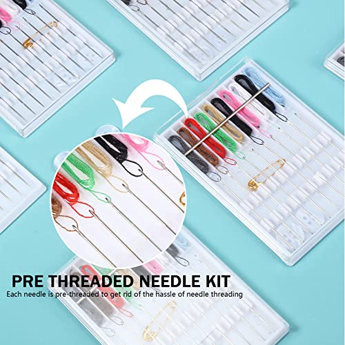 MTLEE 14 Boxes 140 Pieces Mini Quick Fix Sewing Kit Easy Pre Threaded Needle Kit Basic Personal Sewing Kit Plastic Threaded Needle Holder Small Home Travel Sewing Box with Pin Button, Assorted Colors