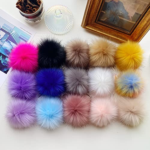 Lusy DM 30 Pieces Faux Fur Pom Pom Faux Fox Fur Pom Pom Fluffy Pom Balls with Elastic Loop for Hats Scarves Shoes Bags Keychains (15 Colors, 2 Pcs Per Color)