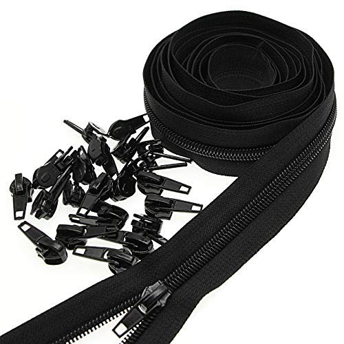 Leekayer #5 Black Nylon Coil Zippers by The Yards Bulk 10 Yards with 25pcs Black Sliders for DIY Tailor Sewing Craft,Luggage,Dress,Sofa Cushion,Pillow,Bag (Black)