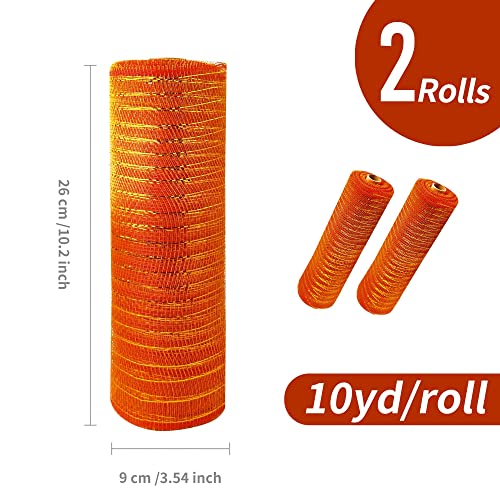 2 Rolls Deco Mesh 10 in x 30 ft ,Poly Ribbon for Christmas Tree Christmas Wreath Decoration Wreath Supplies Party Decorations Wrapping Craft,Red and Orange with Gold Foil Poly Mesh Rolls