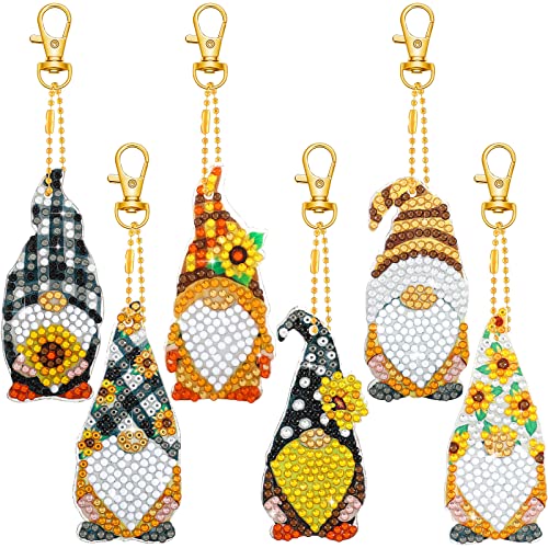 6 Pack Diamond Painting Keychains Kit Sunflower Gnome Spring Garden Summer Farmhouse Buffalo Plaid Sunflower Elf 5D DIY Diamond Painting Spring Summer Gnome for Beginners Kids Adults (Sunflower)