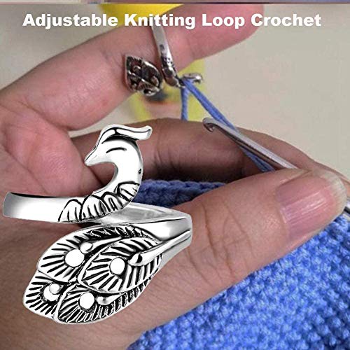(3PCS) Adjustable Knitting Loop Crochet Loop Ring Knitting Accessories,Peacock Open Finger Ring,Adjustable Braided Ring for Faster Knitting