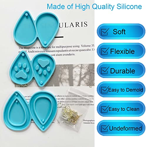 Szecl 3Pcs Teardrop Mold Cute Dog Claw Hollow Earrings Silicone Mold for Jewelry Making Tool Tear Drop Epoxy Resin Molds DIY Jewelry Epoxy Casting Molds Tear Drop Resin Crafts Mould 20 Earring Hooks