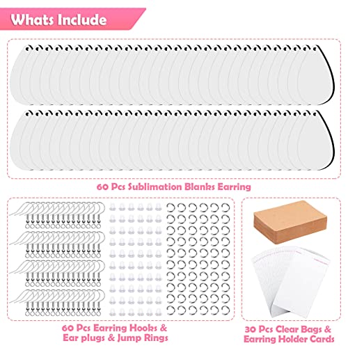 60 Pieces Sublimation Blanks Products, modacraft Sublimation Blank Earrings with Earring Hooks Jump Rings Ear Plugs Holder Cards Bags for Jewelry DIY Making