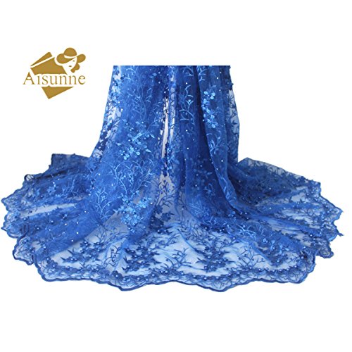 Aisunne 5 Yards African Lace Fabrics Classics Nigerian French Lace Fabric with Fashion Rhinestones and Embroidered Beading Flower for Wedding Party Dresses (Blue)