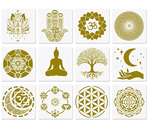 Sacred Geometry Stencils, 12 Pcs Yoga Stencils, Om Sacred Lotus Chakra The Flower of Life Mandala Hamsa Hand Sun Moon Spiritual Symbols Meditation Stencils for Painting on Wood Fabric Walls 10"x10"