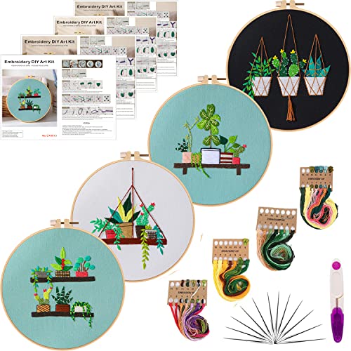 Tcbasrt 4Pack Embroidery Kit for Beginners with Pattern and Instructions, Cross Stitch Kits Include 2 Embroidery Hoop,4 Embroidery Clothes with Plants Flowers Pattern,Color Threads（Black）