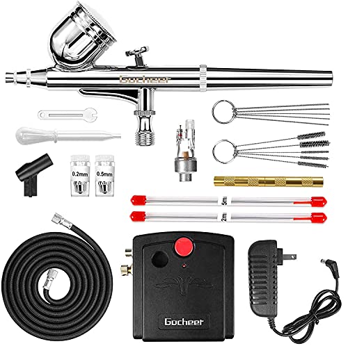 Gocheer Airbrush Kit with Compressor 25PSI Airbrush Kit Dual Action Airbrush Gun Set for Arts and Crafts with 0.2/0.3/0.5mm Needles, for Painting, Nails Decor, Cake Decor, Makeup, Model Coloring