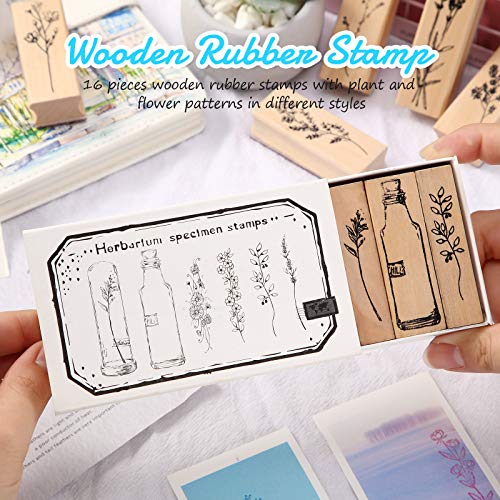 16 Pieces Wood Rubber Stamps Flower and Plant Decorative Rubber Stamp Vintage Wooden Mounted Stamp Set for DIY Crafting, Scrapbook, Painting, Letters Diary, Teaching and Card Making