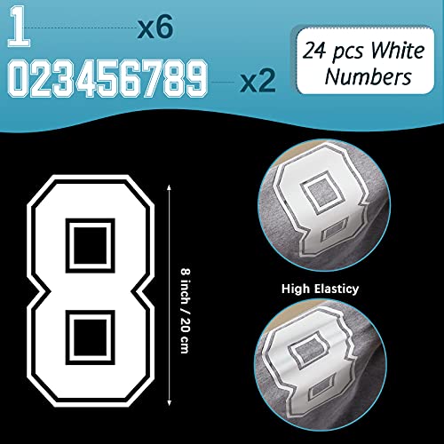 24 Pcs Iron on Numbers, Jersey Heat Transfer Numbers 0 to 9 for Team Uniform Sports T-Shirt Football Basketball Baseball (White with White Border, 8 Inch)