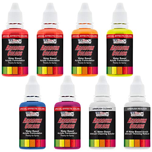 U.S. Art Supply 6 Color Fluorescent Acrylic Neon Colors Airbrush, Leather & Shoe Paint Set with Reducer & Cleaner 1 oz. Bottles