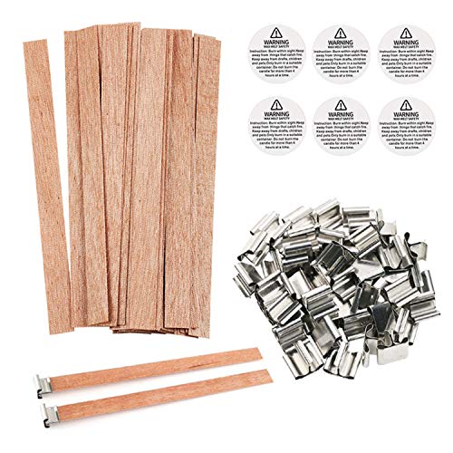 Wooden Candle Wicks, 200 Pieces 5.1 X 0.5 Inch Smokeless Natural Wood Candle Wicks with Iron Stand Candle Cores for DIY Candle Making Craft (100 Sets)